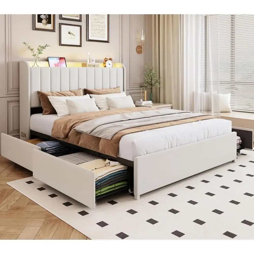 

ull Bed e with 4 Ders and Storage board, Upholstered Platorm Bed e ull Size with Led Lights and Handy Charging Station, No Box S