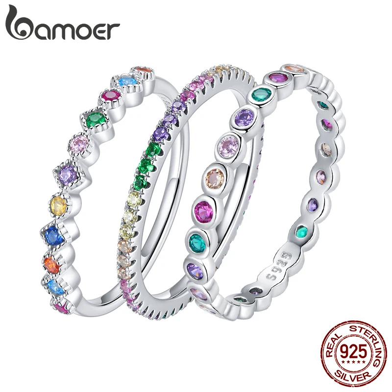 BAMOER 925 Sterling Silver Rainbow Zircon Finger Ring for Women Trendy Fashion Dazzling CZ Stone Anillos Jewelry Gift SCR714