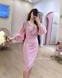 OIMG Saudi Customized Tea Length Beaded Prom Dresses Puff Sleeves Satin Pink Mermaid Vintage Customized Gowns Formal Party Dress