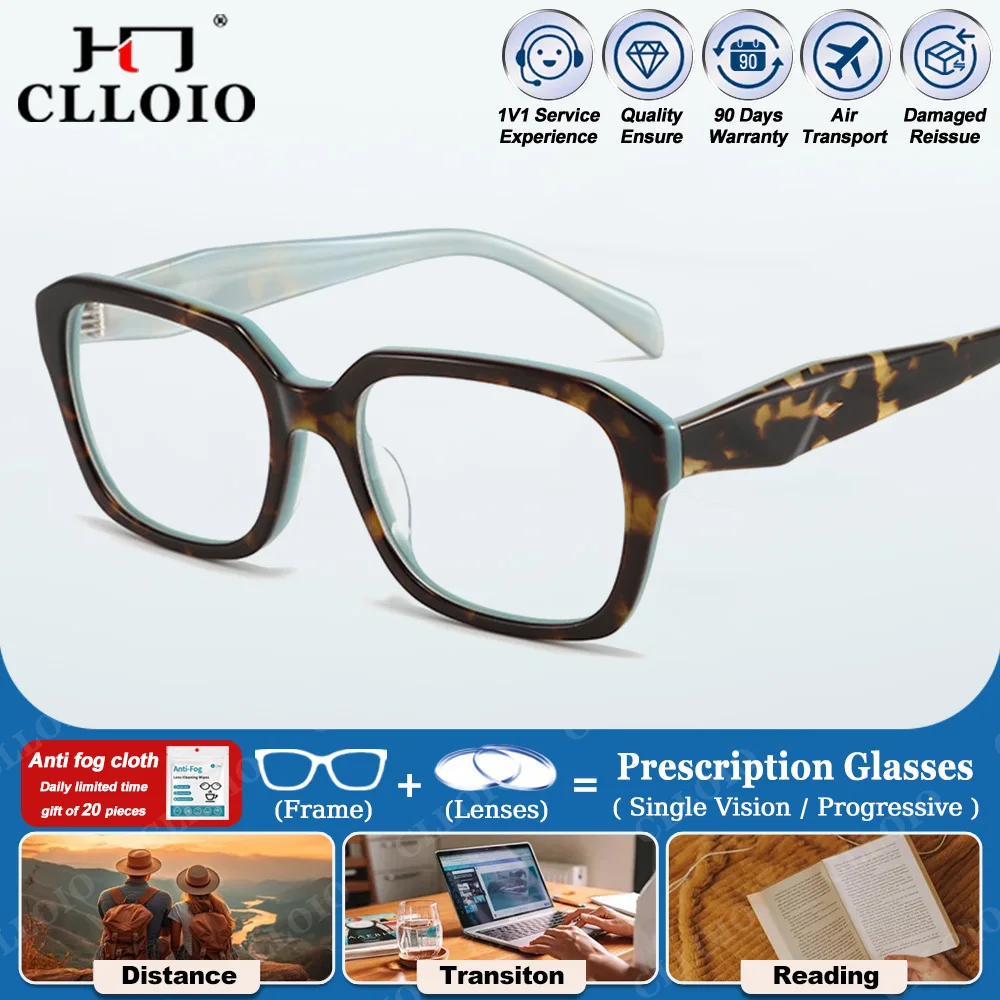 

CLLOIO Fashion Handcrafted Acetate Frame Prescription Glasses Women Men Square Blue Light Filter Myopia Progressive Eyeglasses