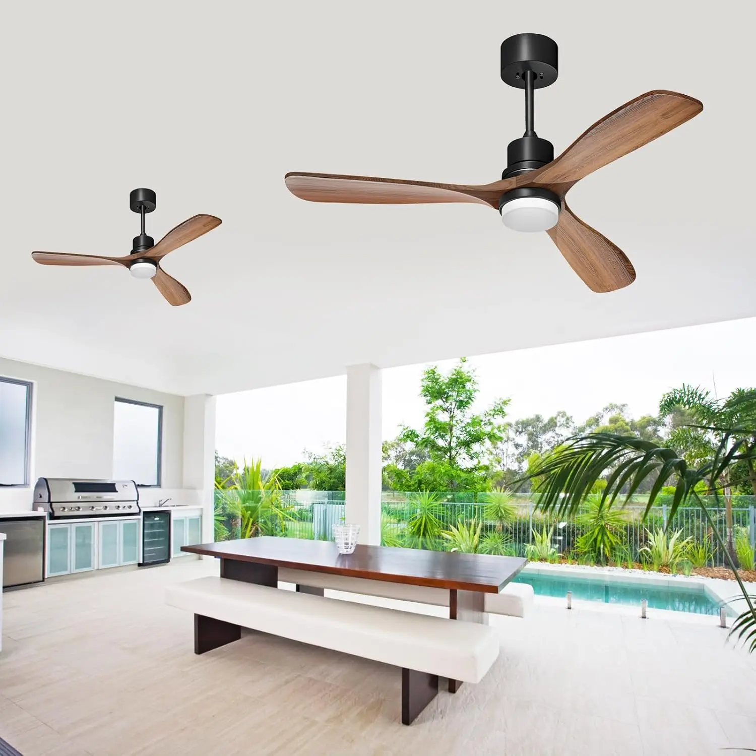 Obabala-Ventilador de teto controle remoto com luzes, ventiladores de madeira ao ar livre, silencioso e reversível DC Motor,