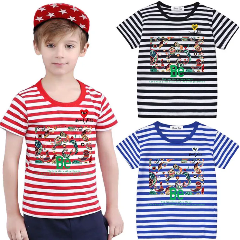 

Break Egg Boy Girl Striped T-shirt Cotton Heart Glasses Embroidery Conch Ocean Style Print O-neck Short-sleeved Casual T-shirt