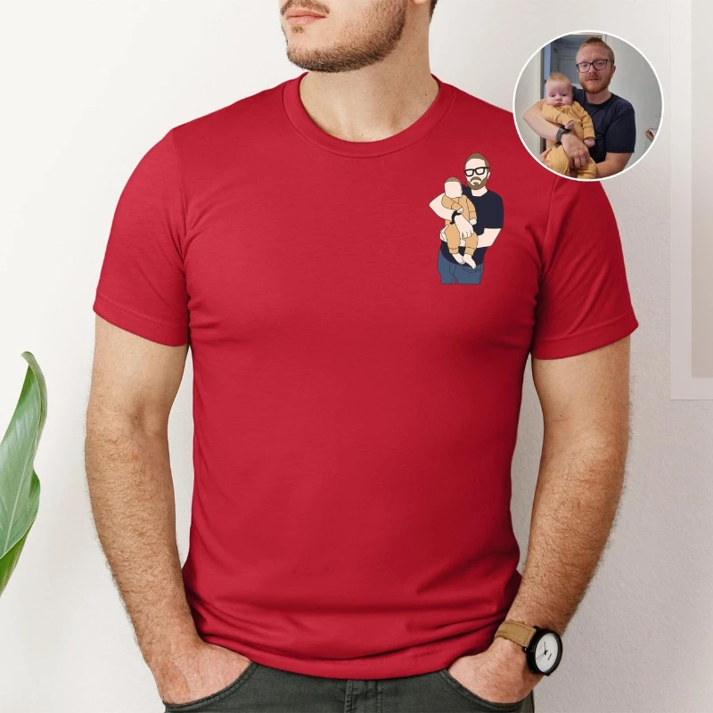 Custom Family Red T Shirt Custom Portrait Outline Shirt For Fathers Day Personalized Line Art Tee Family Faceless White T-Shirt