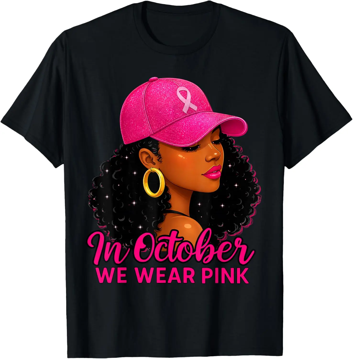 In October We Wear Pink Black Woman Breast Cancer Awareness T-Shirt Breathable, heavyweight pure cotton short-sleeve top—stylish, plus-size, and suitable for year-round wear with a sporty, casual vibe