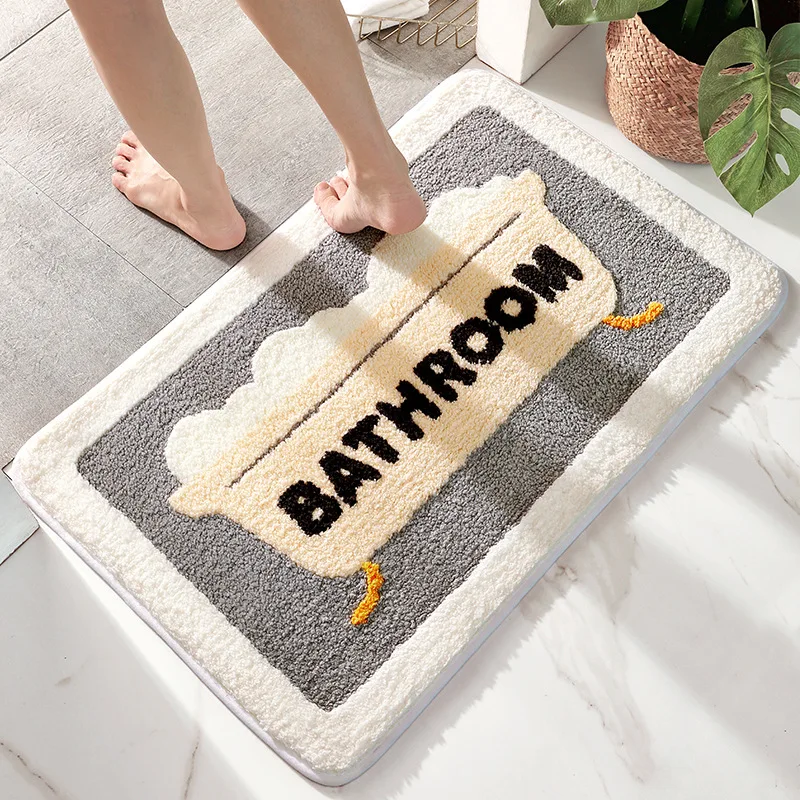 Simple Flocked Embroidery Bathroom Mat Thicken Super Absorbent Water Bathtub Side Rug Quick-drying Anti-Slip Bathroom Door Rugs