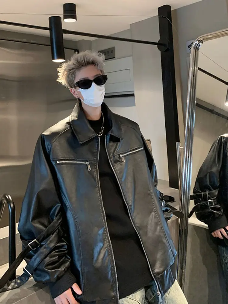 

Motorcycle Pilot Jaet Men's Spring Autumn High Street Leather Coat Trendy Vintage Turn-down Collar Top Zipper Decoration