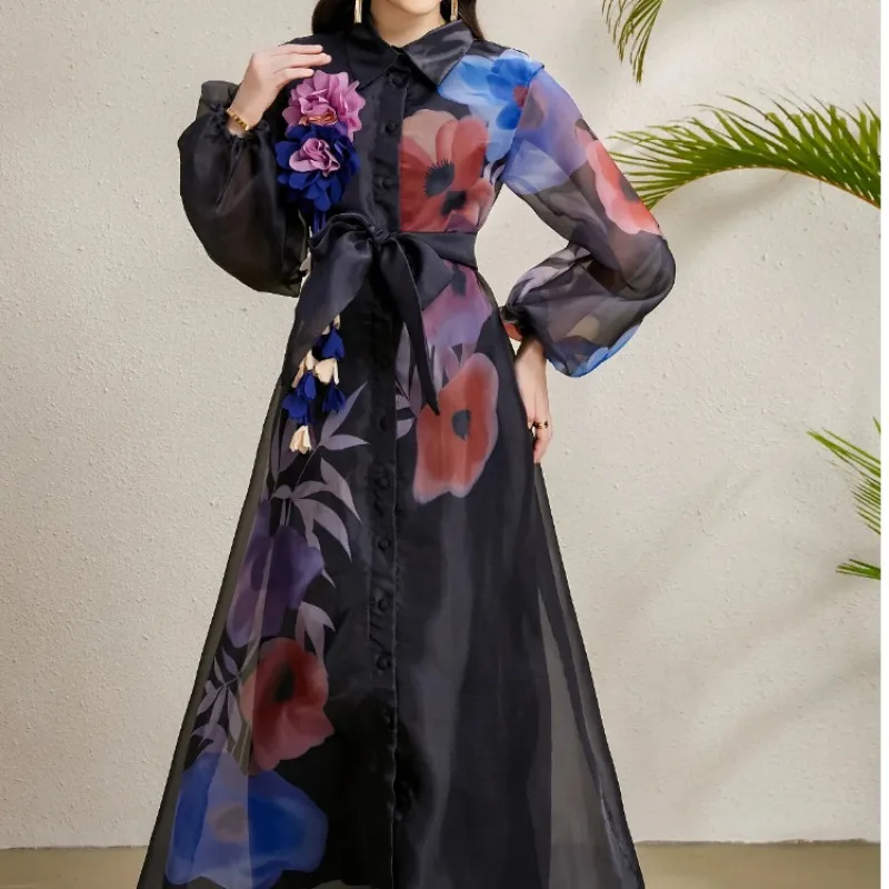 

Women Robe Belts Slim Long Dress Lantern Sleeves Printed Single-Breasted Mesh Dress Luxury High Quality Court-Style Dresses