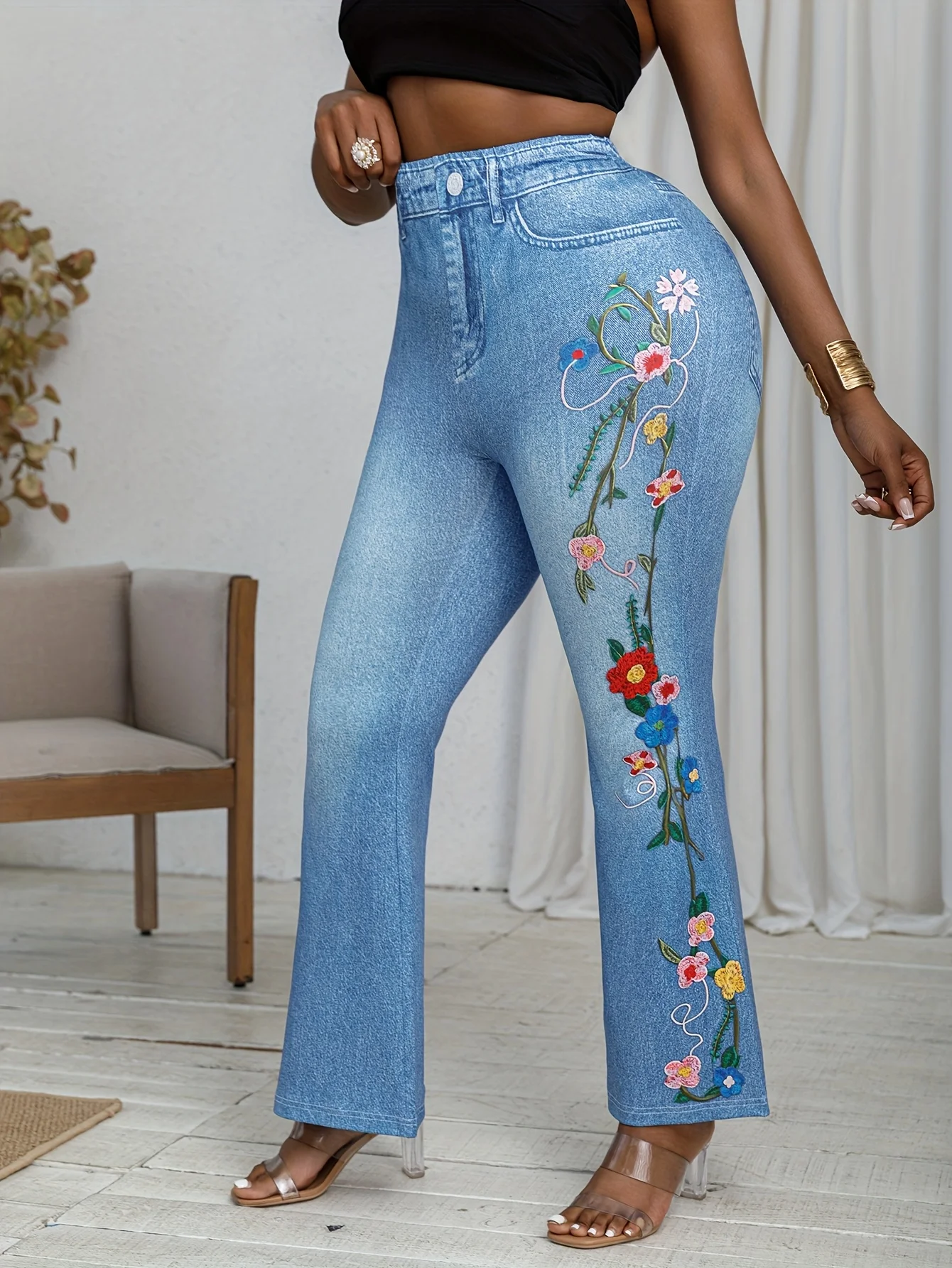 Plus Size Women's Denim-Style Bell Bottom Pants with Floral Print Design High Elasticity Comfortable Fashionable Wide Leg Pants