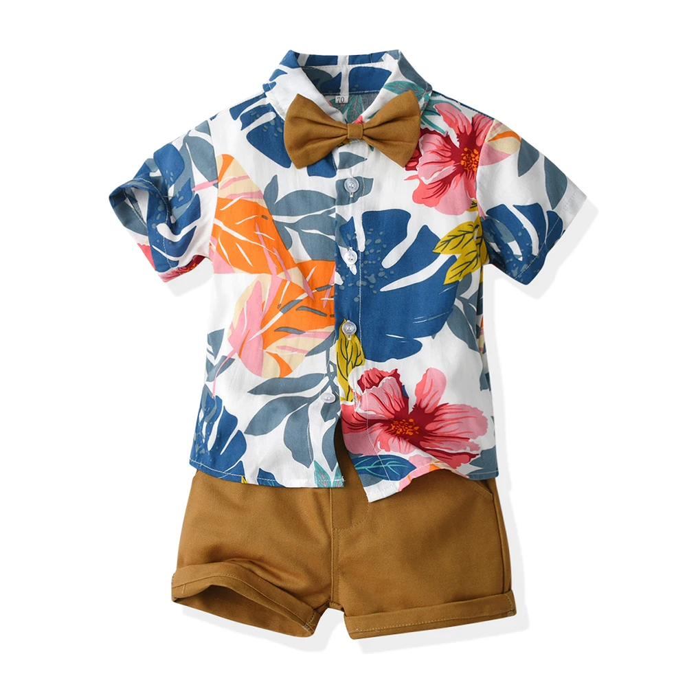 

Summer Fashion Boy Clothing Set Hawai style Floral Short Sleeve Bowtie Shirt+Shorts Boy Casual Clothes Gentleman Baby 2Pcs Suit