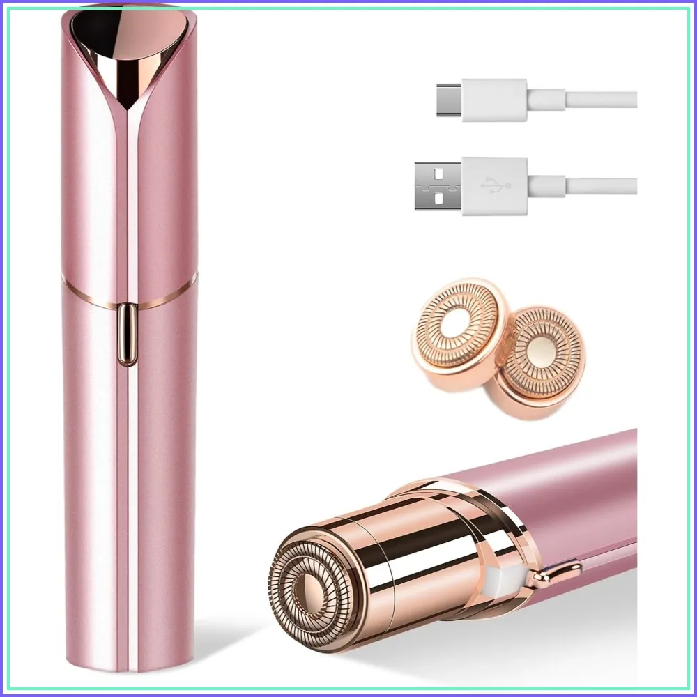 Facial Hair Remover for Women, USB Rechargeable with LED Light, 2 Replacement Heads, Rose Gold