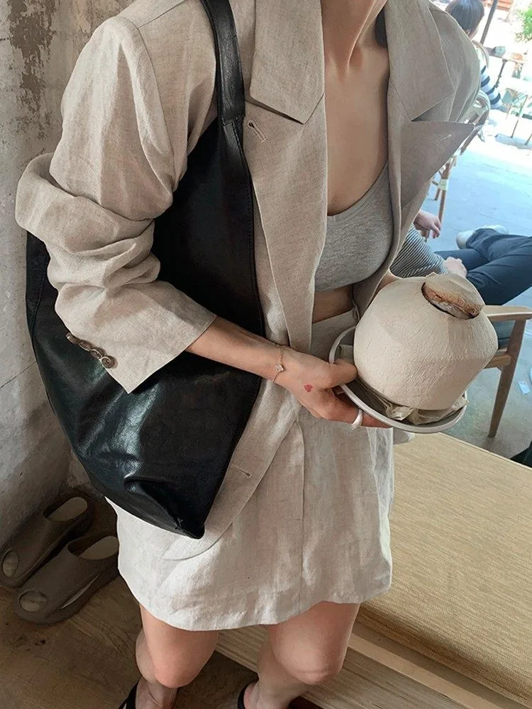 

Легкий льняной костюм: жакет и юбка с высокой талией и длинными штанинами, летний модный женский комплект из двух предметов