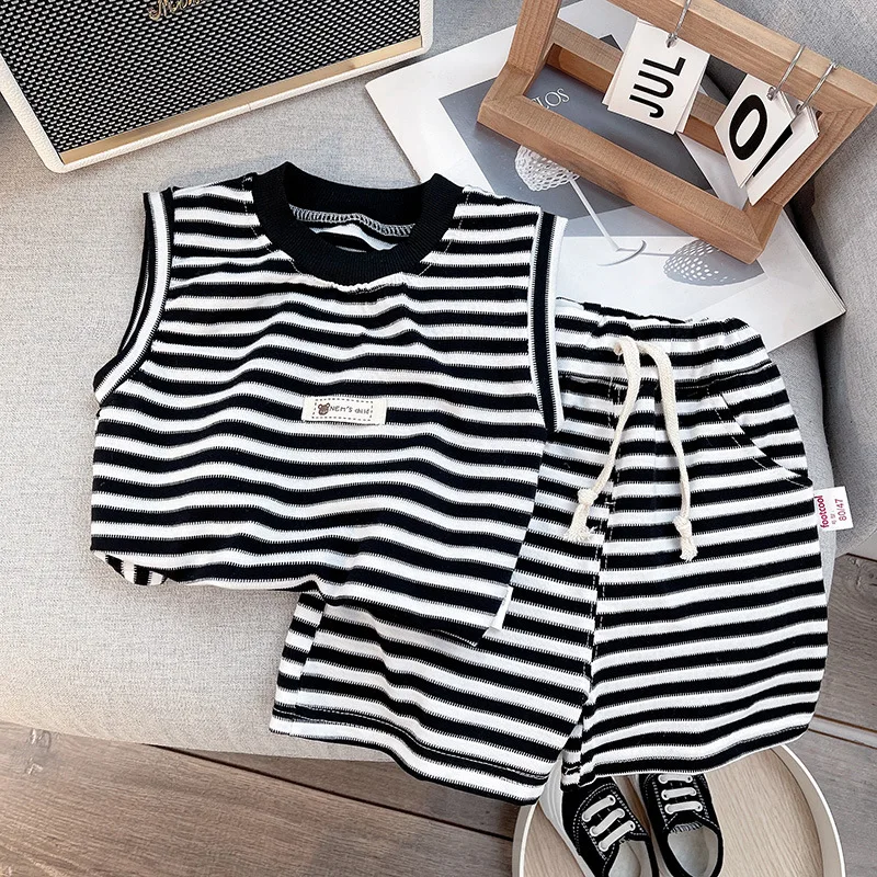 Baby Boys Clothes Cotton Tees + Shorts Suits Summer Toddler Casual Sleeveless Beach Clothing Sets Striped Outfits