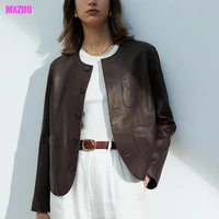 Ropa de otoño para mujer, chaqueta europea de piel de oveja de alta calidad, informal, con cuello redondo, de un solo pecho, color café, Litchi Stria, chaqueta de cuero genuino