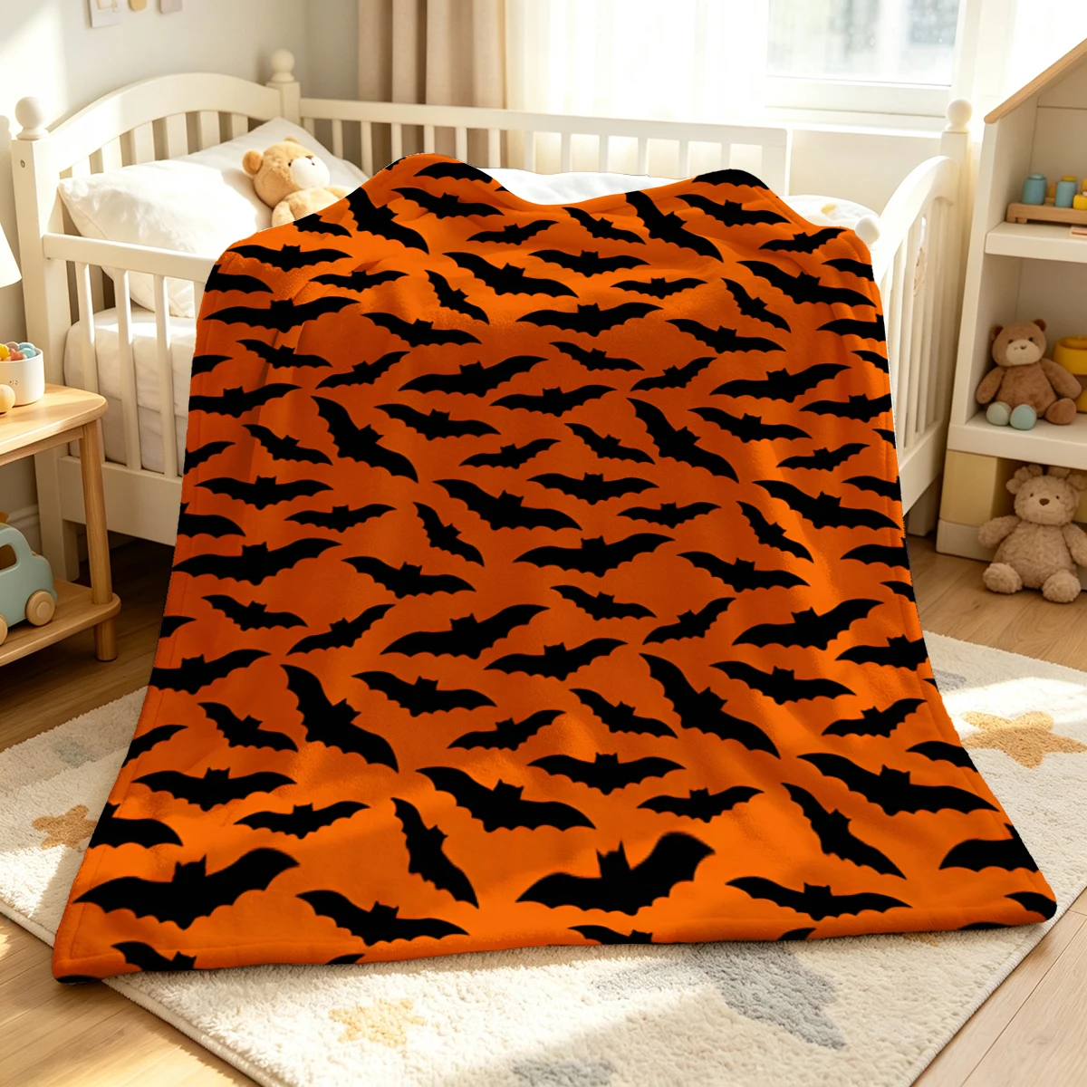 Orange Bat Cloudy Flannel Blanket Warm Soft Halloween Christmas Decorative Couch Warm Cozy All-Season Gift