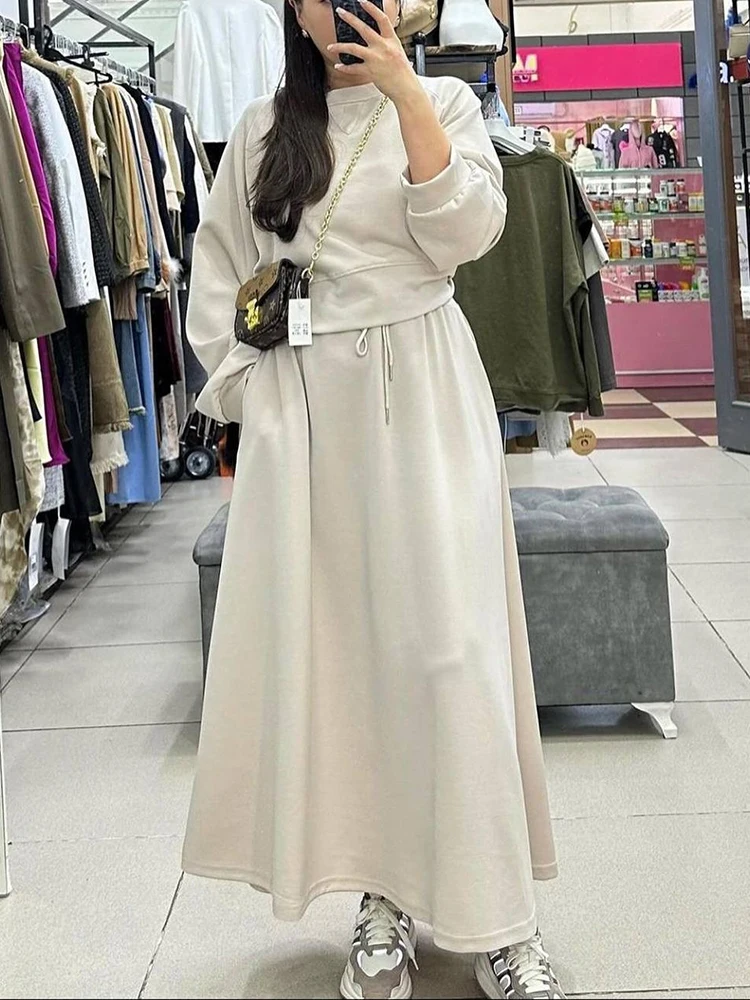 Spring Casual Two Piece Set Women Long Sleeves O-neck Sweatshirt+High Waist Drawstring Long Skirt Suit Autumn Femme Suit Outfits