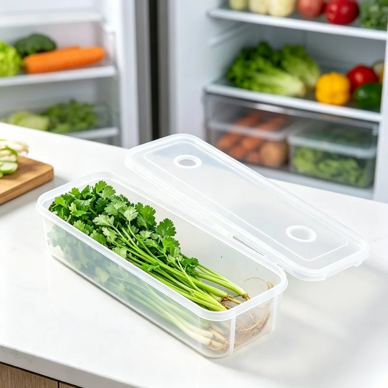Long Plastic Refrigerator Storage Box With Lid Food Fresh‑keeping Container For Scallion Cilantro Egg Noodle Kitchen Organizer