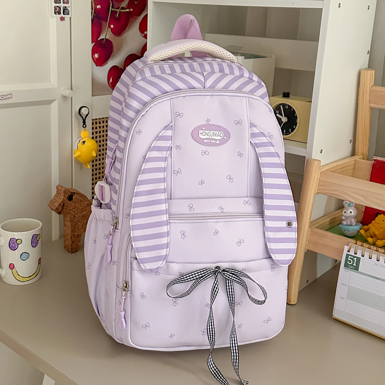 New Girl's Adorable Rabbit Star bow Backpack Large Capacity stripe Multi-layer School Bag for Middle And High School Students