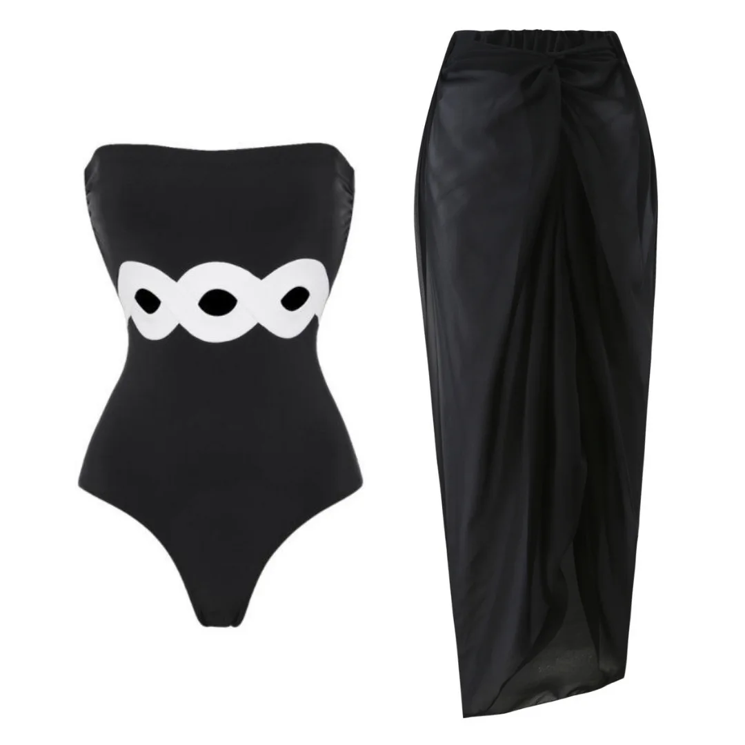 Costume da bagno donna in bianco e nero minimalista Hollow costume intero e gonna Set