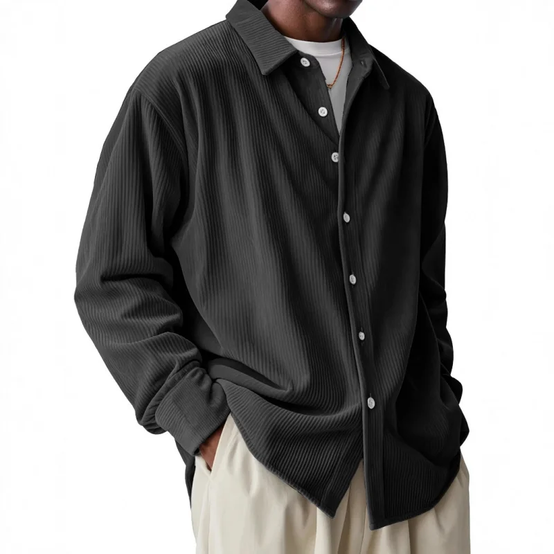 

2025Мужская вельветовая мужская свободная модная однотонная рубашка европейского размера с длинными рукавами и отложным воротником