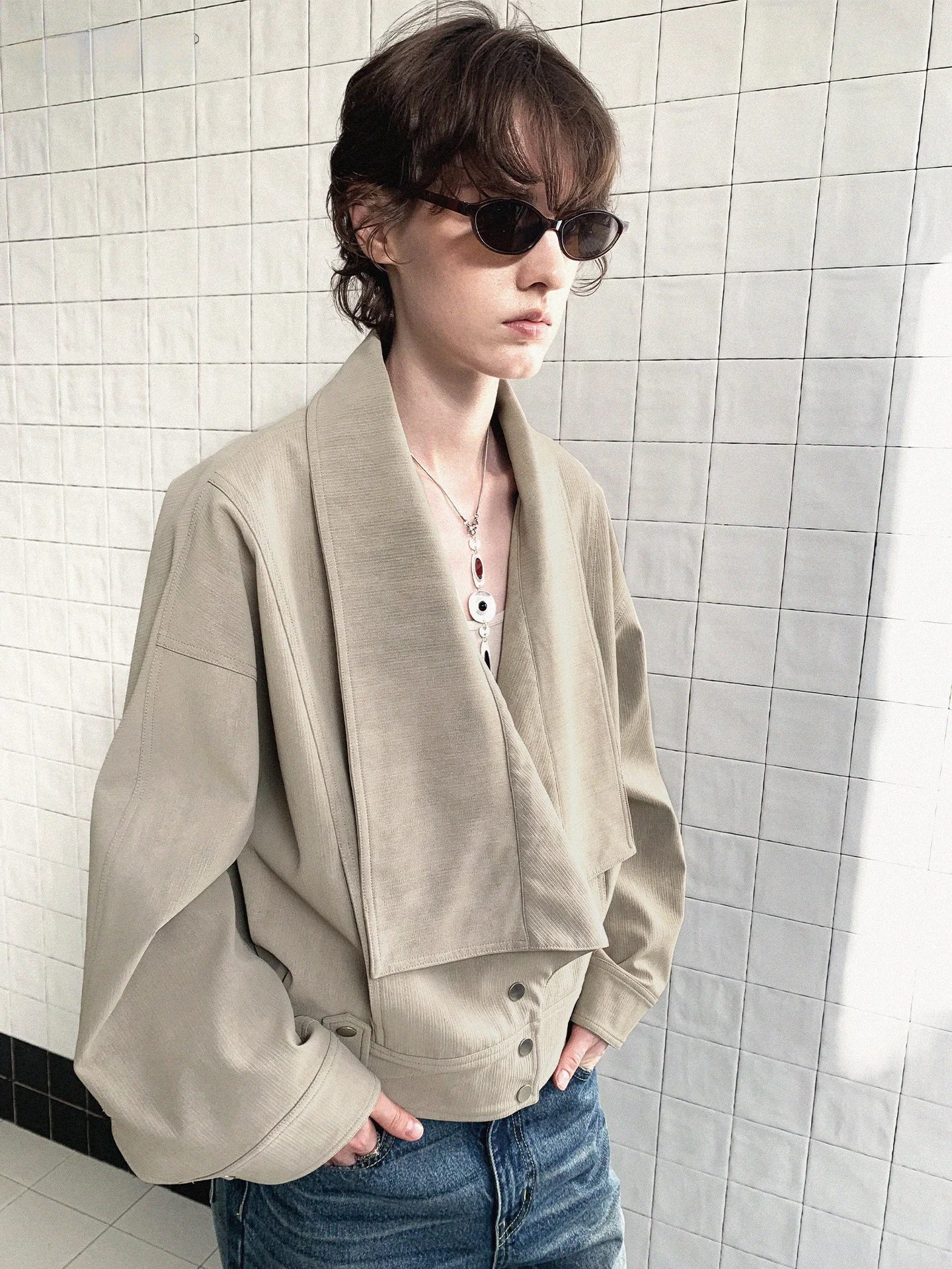 Covertitle Textured Vintage Leather Jacket Oversized Collar Workwear Style Casual Loose Fit Long Sleeve Short Coat for Women