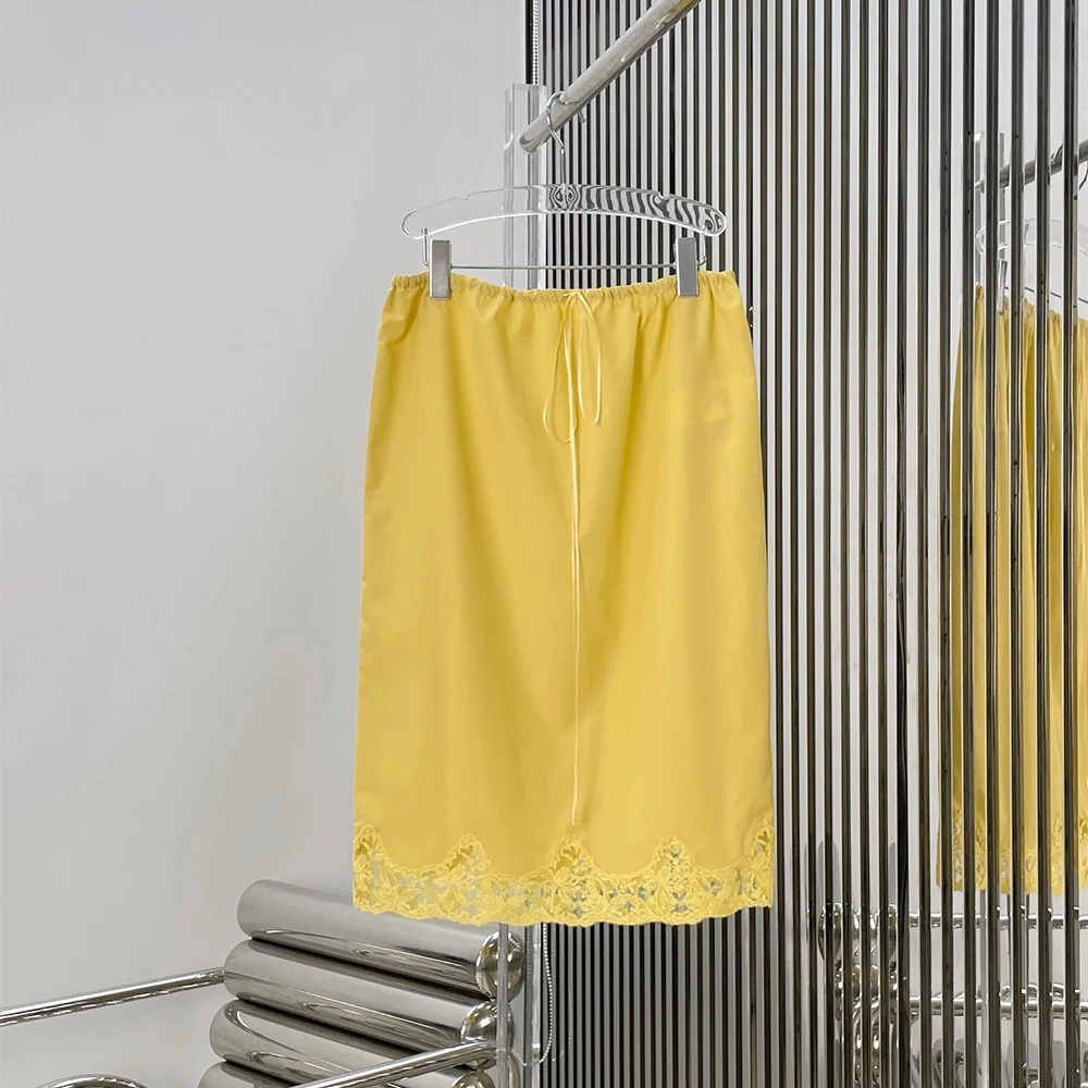 

Women's Cotton-Blend Lace Trim Midi Skirt, Yellow Elastic Waist Drawstring Straight Skirt, Elegant Casual Summer Streetwear