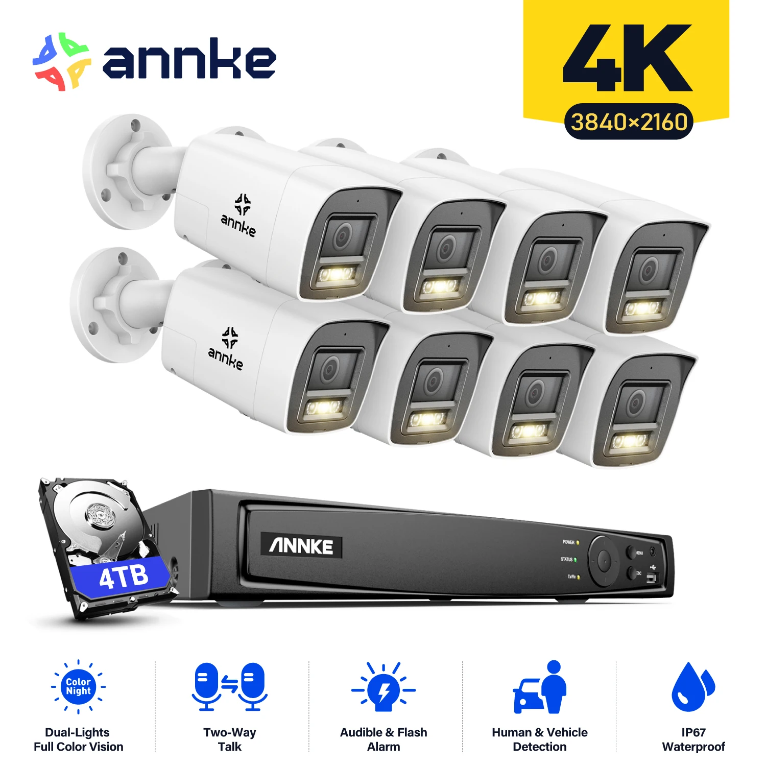 

ANNKE 8CH 4K Ultra HD POE Network Video Security System 8MP H.265+ IP Camera Support Two Way Audio human & Vehicle Detection 4MM