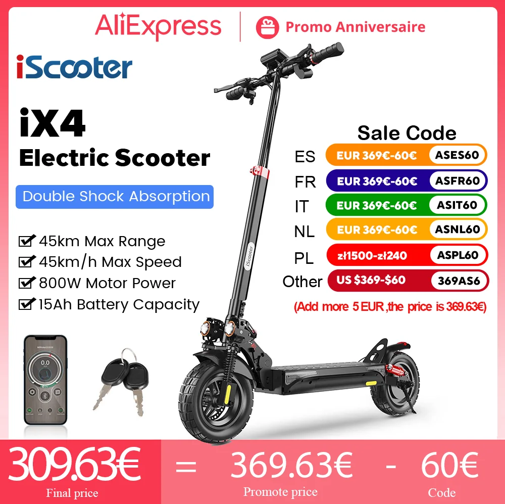 iScooter iX4 Electric Scooter 800W 15Ah Powerful Electric Kick Scooter Anti-skid Off-road Tire  45km Range eScooter 45km/h Speed