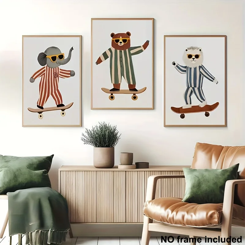 3 Piezas--Impresiones en Lienzo de Animales en Tabla de Skate: Elefante, León, Oso, Ropa a Rayas, Pósters de Arte Mural para Sala de Estar Moderna, Guardería y Hogar