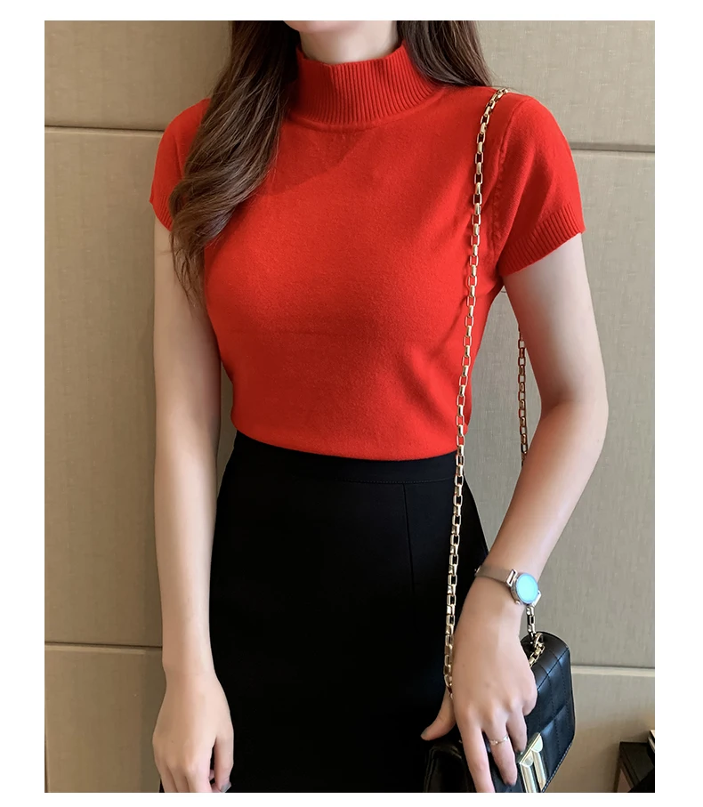 Halbhohes T-Shirt für Damen, modischer Pullover, lässige Oberteile, koreanischer Stil, elegante einfarbige Kleidung, Frühlings- und Sommersaison – Detail 18