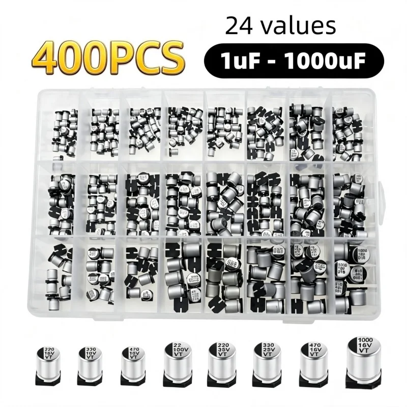 Kit de condensateurs électrolytiques en aluminium SMD, 400 pièces, 24 valeurs, 1μF-1000μF, boîte de rangement pour assortiment de condensateurs à montage en surface
