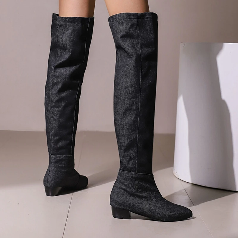 Reave Cat Brand Pleated  Knee Boots 3cm Heel Round Toe Slip On Blue Black Big Size 46 47 48 US15 US16 US17