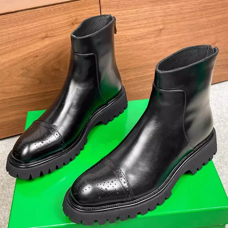 High End Cowhide Riding Chelsea Boots Men Shoes Brogue High Heel Thick Sole Casual Autumn Winter Boots Male Genuine Leather