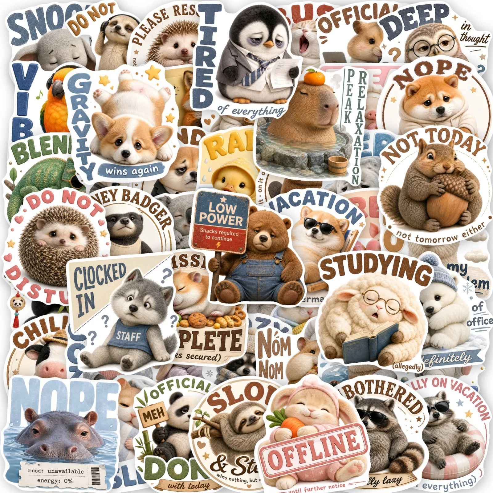 50 PCS Lazy Little Animal Cartoon Panda Penguin English Emotion Stickers Decorate Helmet Skateboard Scrapbook Non Repeated Decal
