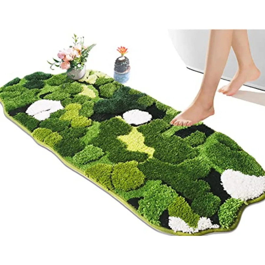

Cute Green Moss Bathroom Runner Rug Long Rectangular Boho Aesthetic Leaf Leaves Bath Mat Shaggy Non Slip Absorbent Shower Mat D