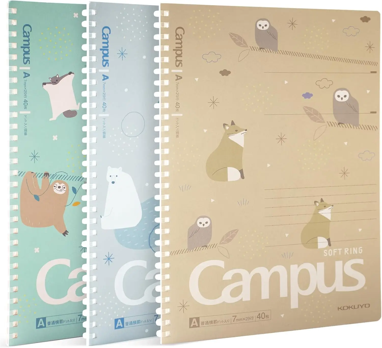 

B5 Soft Ring Notebooks, 3 Pack Dotted 7mm Rule, 40 Sheets, Cute Animal Pastel Colors, for School Office
