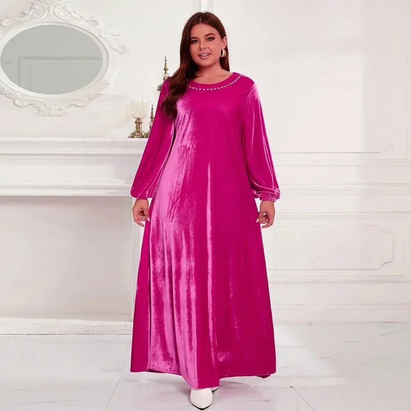 Vestido muçulmano de manga comprida com o pescoço para mulheres, elegante Abaya, vestidos de casamento africanos, moda, plus size, outono, 2023