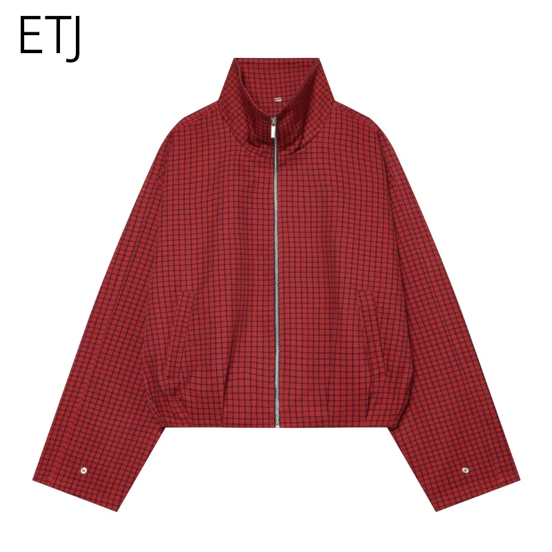 ETJ 2026 Damen Rote Karierte Harrington-Jacke, Kurz Geschnitten, Oversized, Stehkragen, Reißverschluss, Racer-Mantel, Vintage-Gittermuster, Streetwear-Oberbekleidung – Detail 10