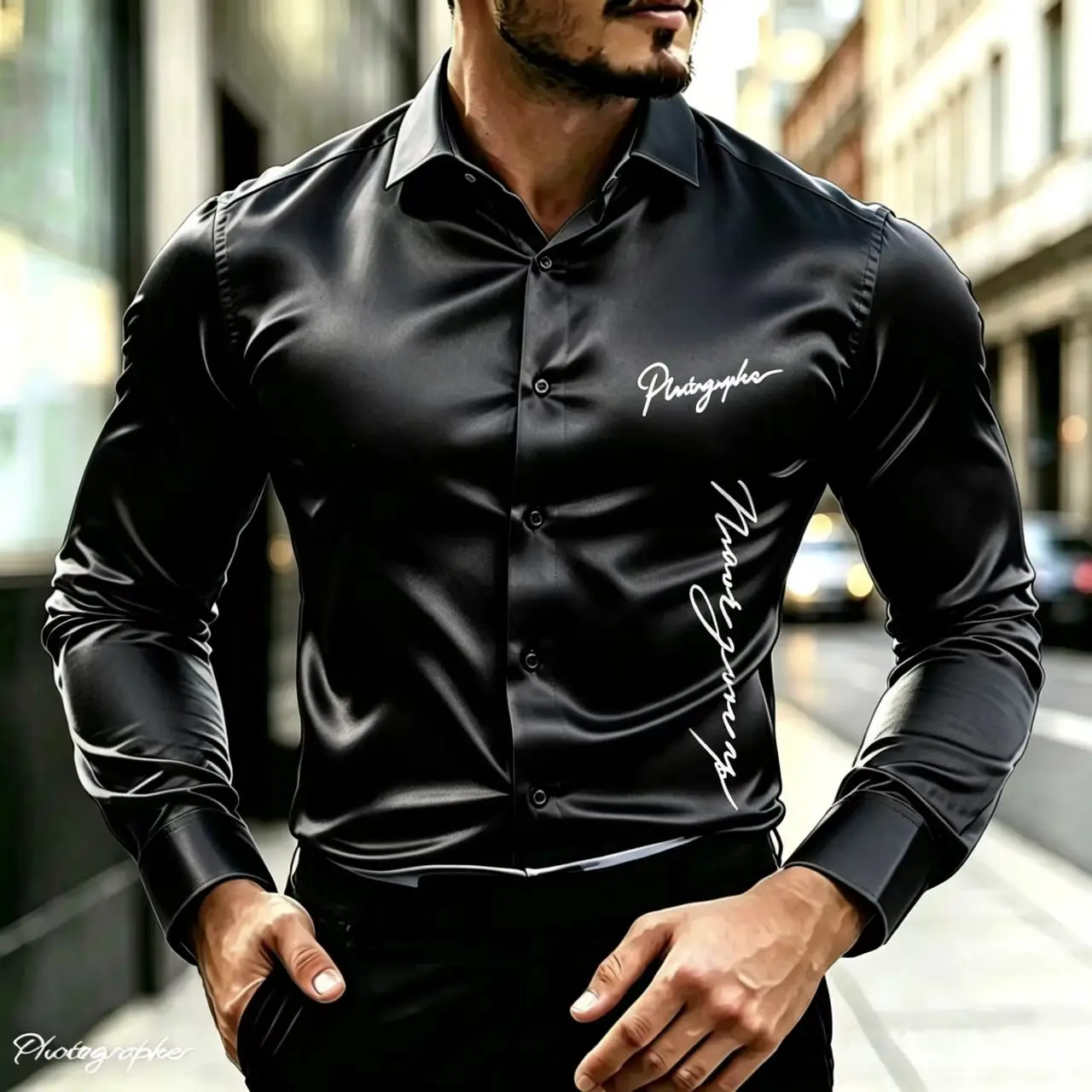 Men's Satin Silk Shirt Luxurious Letter Printed Long-Sleeved Slim Fit Casual Fashion Button-Up Shirt Designer Formal Top