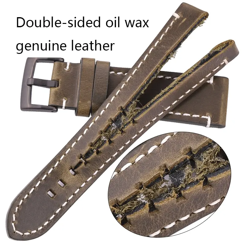 Oil Wax Cowhide Genuine Leather Watch Band 18 20 22 24mm Handmade Retro Strap with Metal Buckles for Men Women