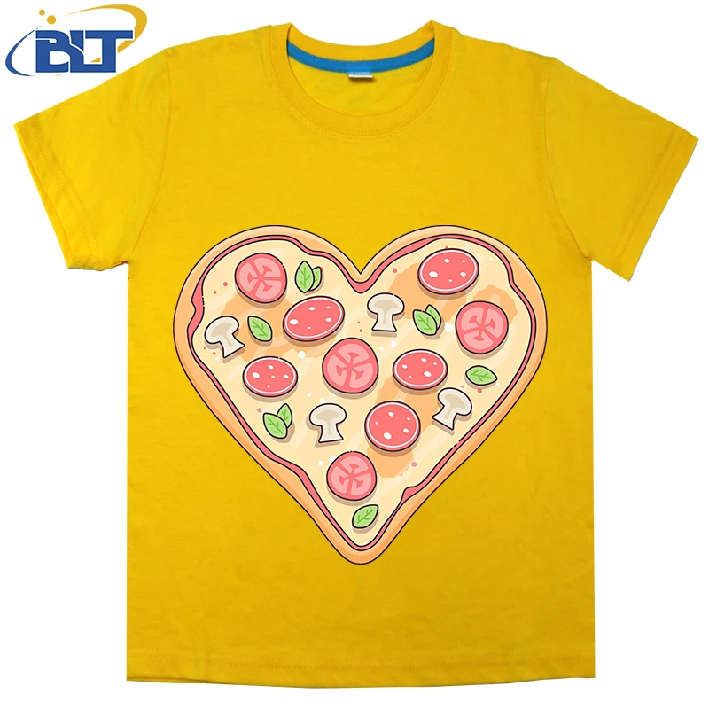 Camiseta infantil de manga curta estampada para pizza, tops de algodão infantil, roupas casuais para meninos e meninas, verão