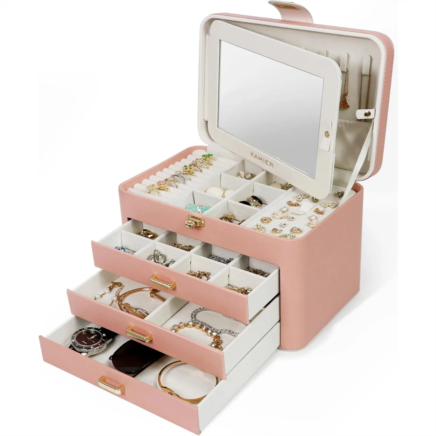 Jewelry Organizer Box with Lock and Mirror - 4 Layer Drawer Storage for Necklaces Rings Bracelets Earrings, Pink