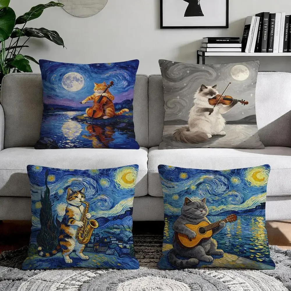 van Gogh Starry Sky Cat Playing Cushion Cover Natural Breathable Durable Linen Printed Decor Pillow Case Sofa Bedroom