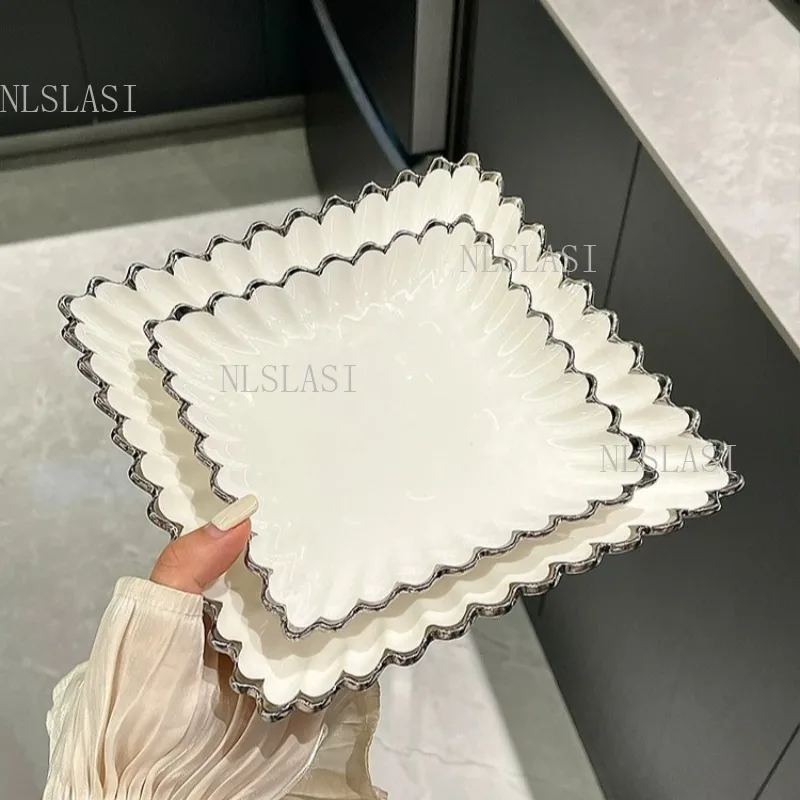 1pc Vintage Style White Porcelain Serving Tray with Silver Trim and Shell Pattern Edges Elegant Square Plate for Tea Party