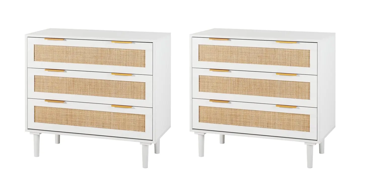 Large Nightstand Set of 2 Rattan Drawer Modern 3 Drawer Bedroom Wooden Bedside Table Queen & King Size Bed White, Customized