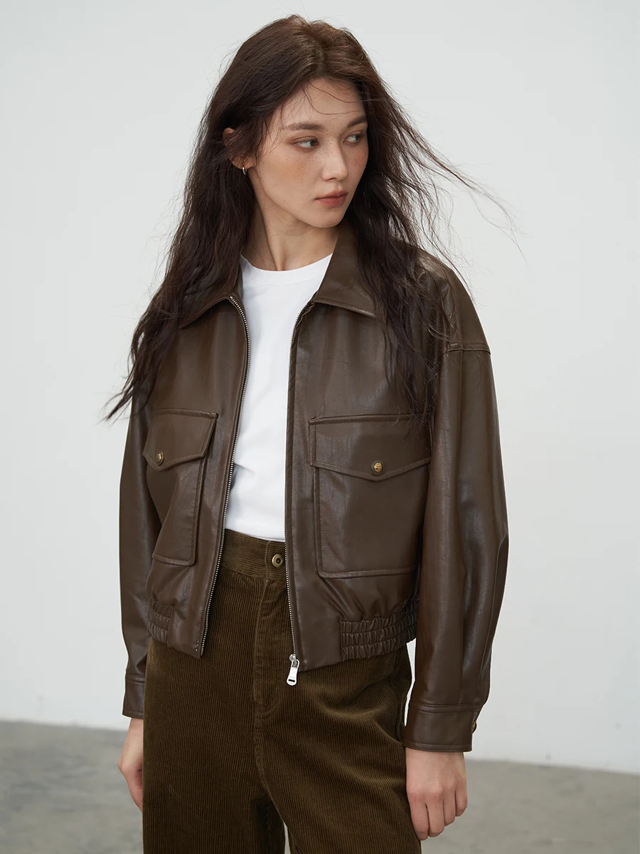 맨디엘림 브라운 가죽 재킷 여성용 봄 가을 오트 슬레 턴다운 칼라 마레다 스몰 사이즈 청소년 루즈핏 지퍼