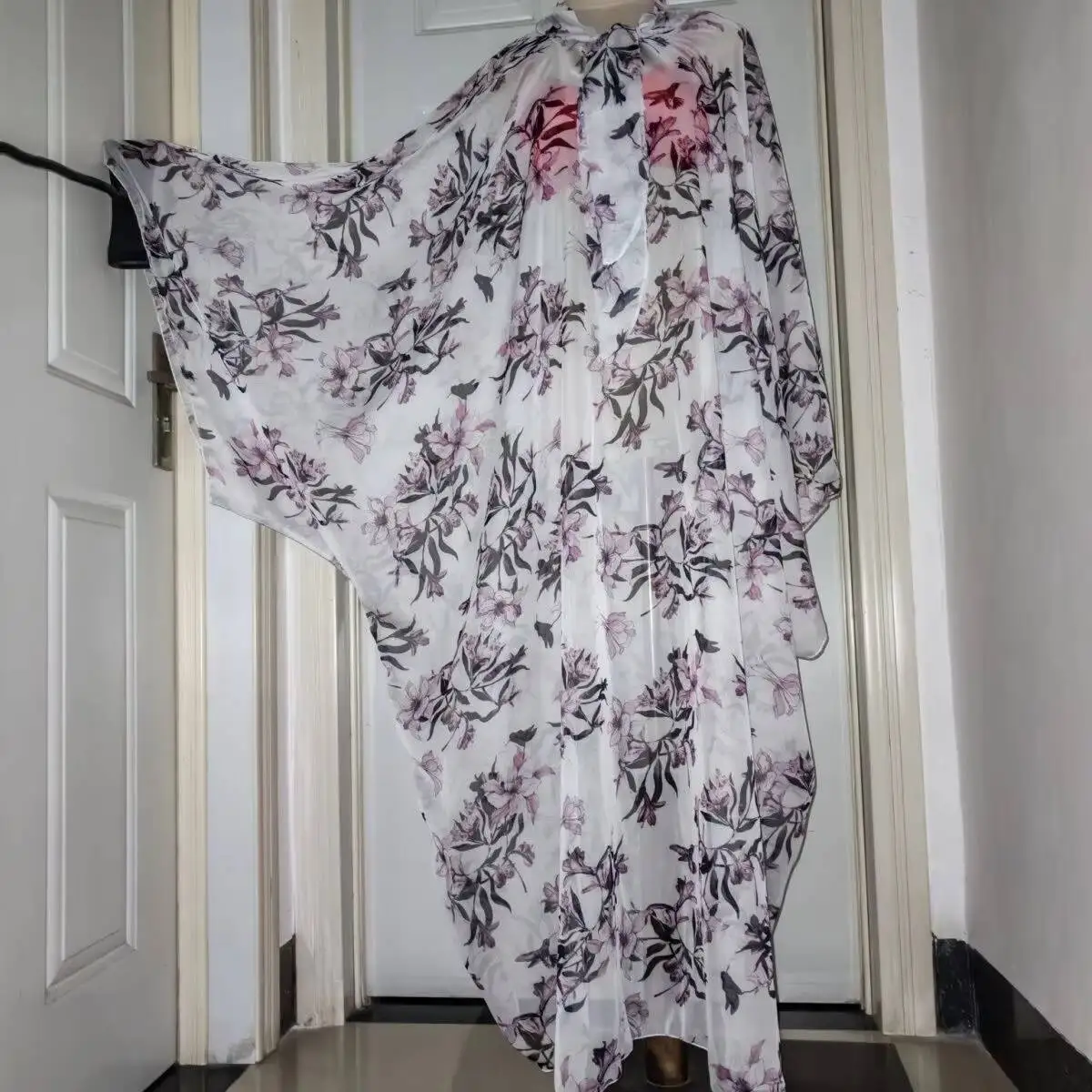 

Glossy Floral Print Women Mesh Voile Long Dress Loose Maxi Dress Pullover Elegant Dresses Sleeping Wear