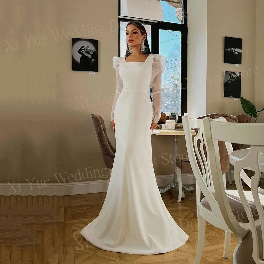 

Classic Satin Mermaid Generous Wedding Dresses With Modern Long Puff Sleeve Square Neck Button Bride Gowns Customize To Measure