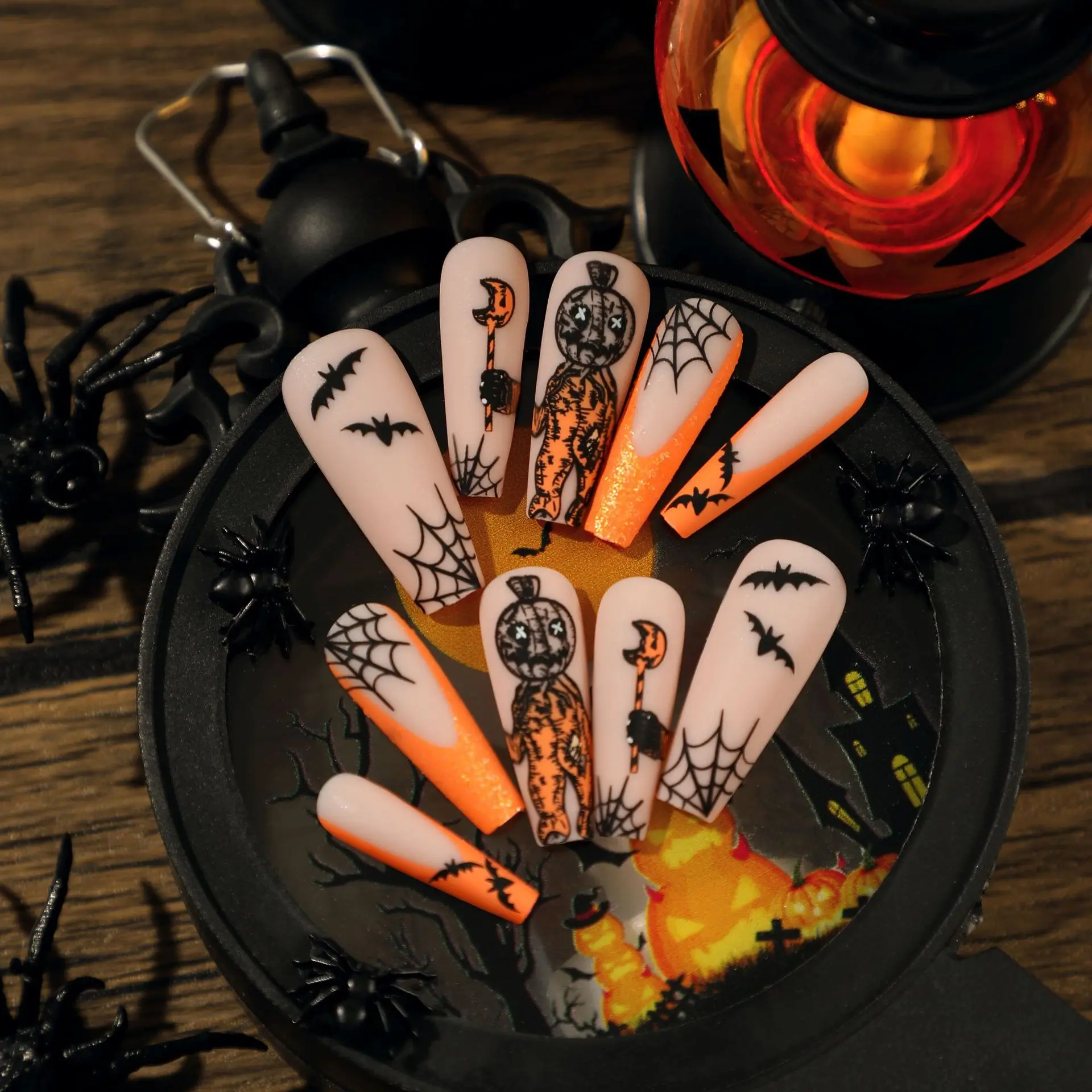 

24Pcs Long Square Press on Nails - Glitter French Tip Halloween Design with Orange Pumpkin & Bat Patterns, Spider Web Details