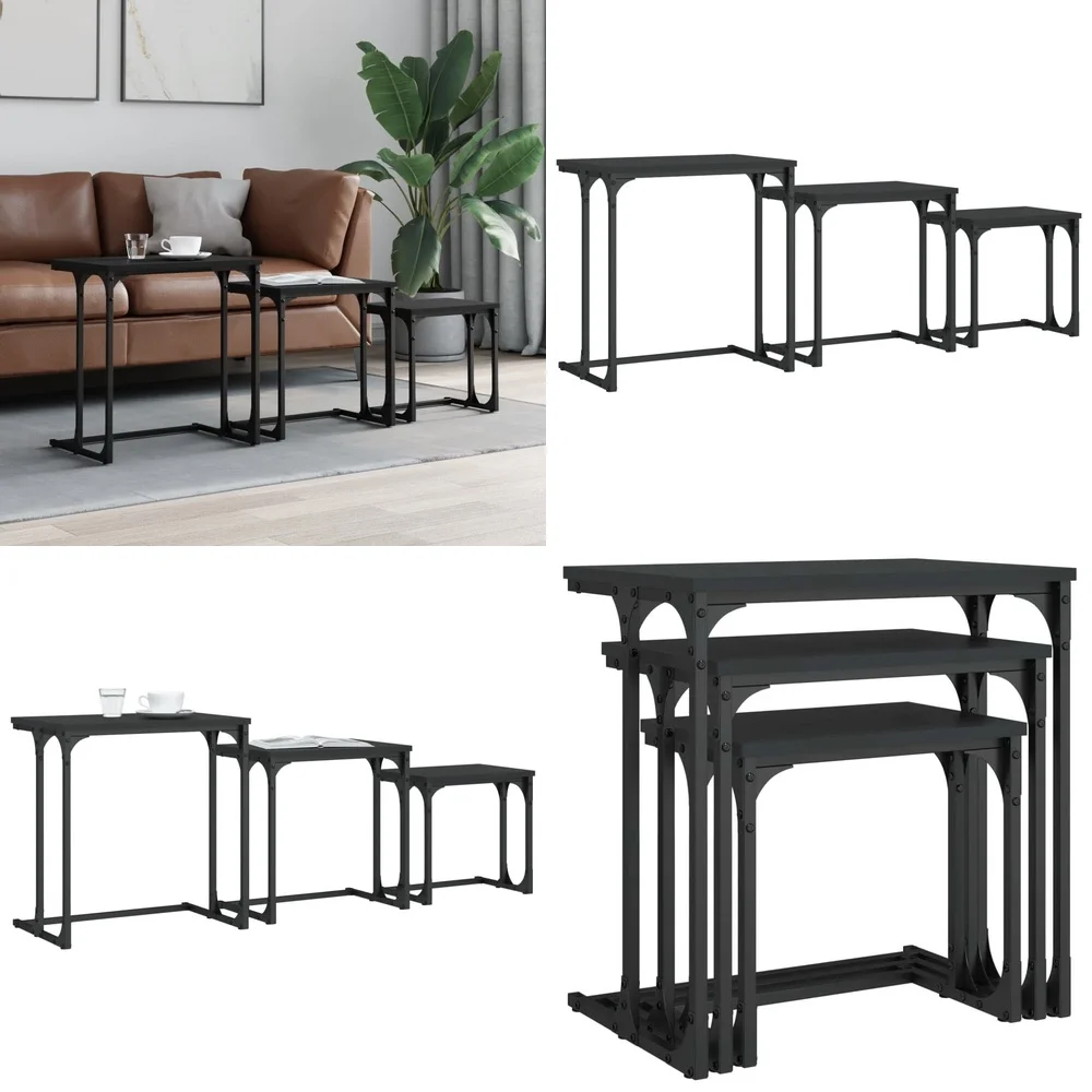 طاولات المقهى، طاولة قهوة قابلة للتكديس، خشب معدني أسود، تصميم عصري صغير لتوفير مساحة غرفة المعيشة #1