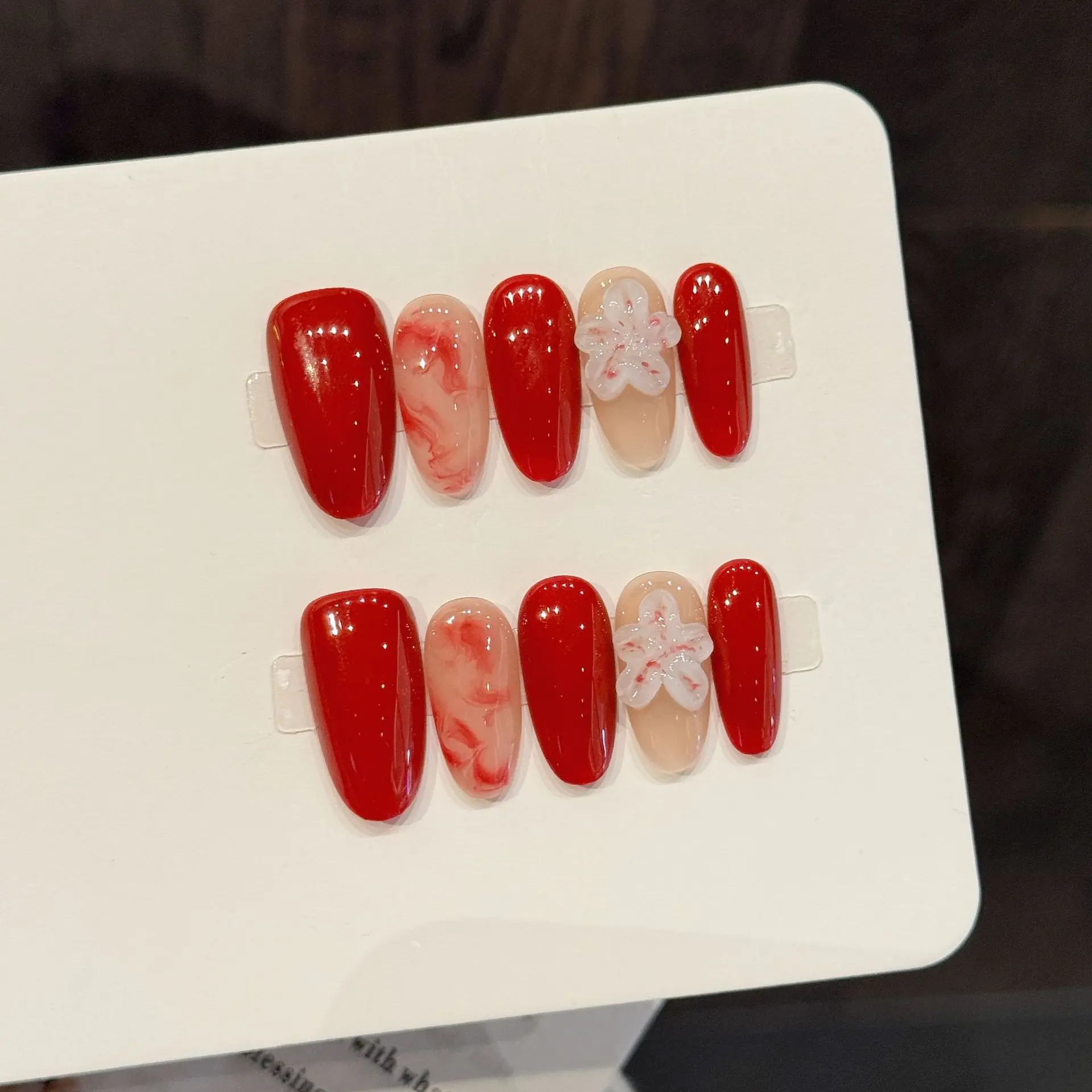 10pcs Handmade Oval Press on Nails with 3D Flower Design Cow Pattern Wearing False Nails Wearable Fashion French Fake Nail Tips